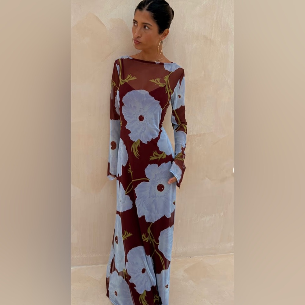 Never Fully Dressed Long Sleeve aria poppy Floral Dress - Burgundy & Light Blue